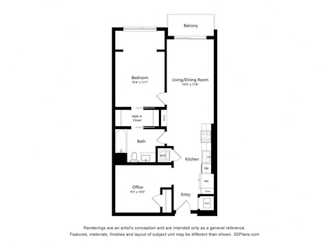 Floor plan for 1 bed, 1 bath, 830 sqft